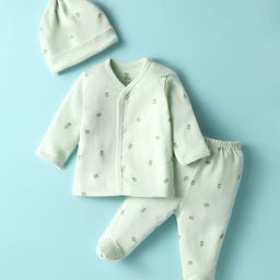 I Bears Interlock Knit Full Sleeves Front Open Footed Co-Ord Night Suit With Fruit Print & Cap - Light Green-image-58