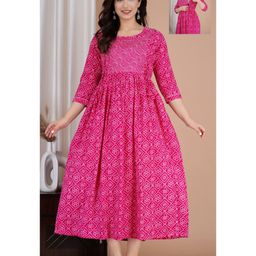 NEVISHA STYLE Cotton Woven Three Fourth Sleeves Bandhani Designed Maternity Kurta With Side Zipper Nursing Access - Pink-image-73