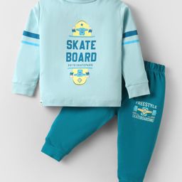 CUCUMBER Sinker Knit Full Sleeves Night Suit with Skate Board Text Print - Light Blue-image-90