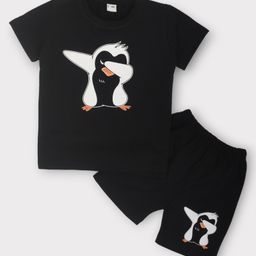 Kiwi Cotton Woven Half Sleeves Baby Penguin Printed Coordinating Tee & Shorts Set - Black-image-88