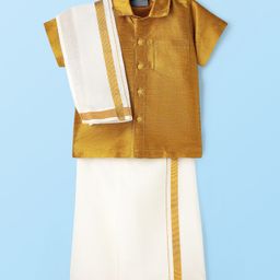 Dapper Dudes Half Sleeves Solid Shirt With Mundu Lungi & Angavastram Set - Mustard-picture-44