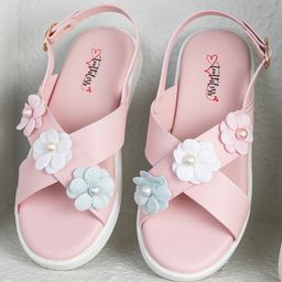 Toothless Pearls Embellished Floral Applique Detailed Sandals - Pink-picture-28