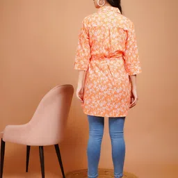 Boholyfe Floral Printed Shirt Collar Longline Open Front Shrug With Belt image 4