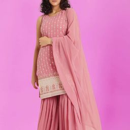 PARROT CREATION Women Embroidered Regular Sequinned Kurti with Sharara & Dupatta-image-59