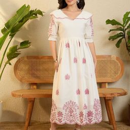 OCTICS Women Ethnic Motifs Embroidered Fit & Flare Midi Dress-image-55