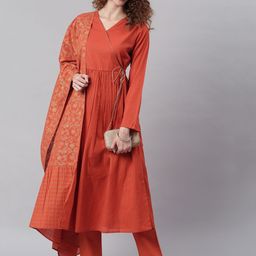 Janasya Women Orange Angrakha Pure Cotton Kurta with Trousers & Dupatta-image-64