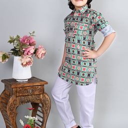 ahhaaaa Boys Floral Printed Regular Thread Work Kurta with Pyjamas image 4