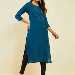 Soch Blue Viscose Blend Round-Neck Kurta with Floral Cutdana Work-image-98