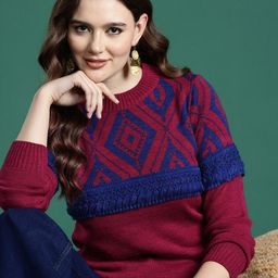Sangria Geometric Self Design Sweater With Fringed Detail-picture-13