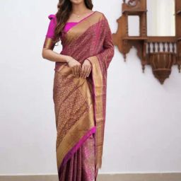 Satrani Pink & Golden Woven Saree With Unstitched Blouse-image-38