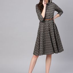 SASSAFRAS Black & Beige Ikat Print Cotton Shirt Dress-image-33