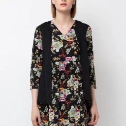 DODO & MOA Black & Green Floral Print A Line Dress-picture-23