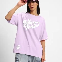 Bewakoof Purple Billionaire Girls Club Graphic Print Oversized T-Shirt-image-23