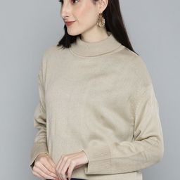 HERE&NOW Women Off White Turtle Neck Self Designed Longline Pullover Sweater-image-5
