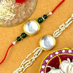 Karatcart Gold-Plated Handmade Kundan Rakhi, Roli & Chawal for Bhai & Bhabi - Set of 2-image-98