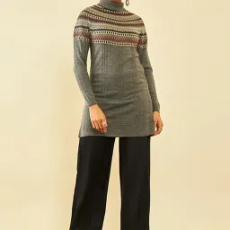 Soch Grey Acrylic Geometric Pattern Turtle-Neck Straight Winter Kurta-0