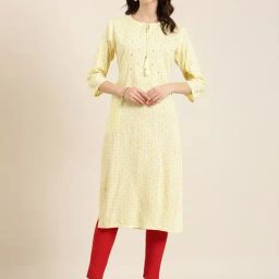 SHOWOFF Yellow Cotton Printed Kurta-image-46