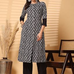 Pistaa Floral Printed Mandarin Collar Regular Pure Cotton A-Line Kurta-23