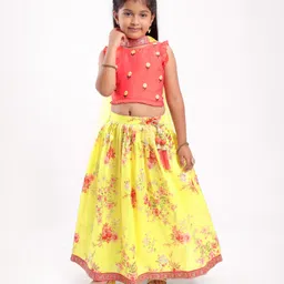 Teentaare Sleeveless Choli & Lehenga With Net Dupatta Floral Print - Pink Yellow-picture-36