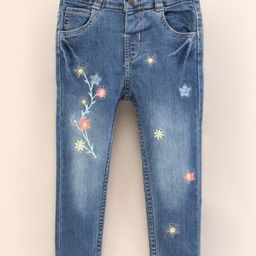 ToffyHouse Full Length Floral Embroidery Medium Wash Denim Jeans - Blue-image-10