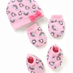 Babyhug 100% Cotton Cap Mittens & Booties Unicorn Print Pink- Diameter 13.5 cm-image-93