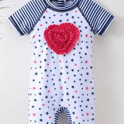 Kookie Kids Half Sleeves Legged Swimsuit Stars Print & Heart Applique - White & Navy-image-81