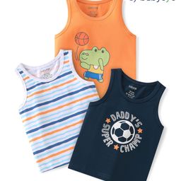 Babyoye Cotton Spandex Knit Sleeveless Set of Vests  With Anti Bacterial Finish  Print Striped Football & Crocodile Print Pack of 3 - Multicolour-image-30