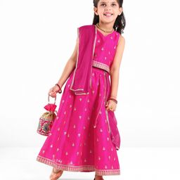 Babyhug Woven Sleeveless Choli With Lehenga & Dupatta Set Floral Embroidery - Pink-image-95