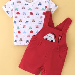 ToffyHouse Dungaree & Half Sleeves T-Shirt Set With Car Print & Embroidery - White & Red-image-68