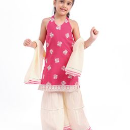 Babyhug WovenSleeveless Floral Embroidered Halter Neck Chanderi Kurti Palazo Set with Dupatta - Pink-image-6