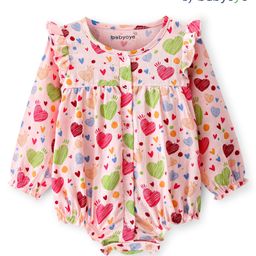 Babyoye Cotton Muslin Knit Full Sleeves Frock Style Onesie With Heart Print - Light Pink-image-38