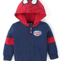 Babyhug Marvels Cotton Knit Full Sleeves Front Open Hooded Sweat Jacket with Zipper & Spider Man Graphics - Navy Blue & Red-picture-14