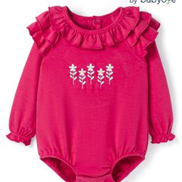 Babyoye Cotton Knit Full Sleeves Floral Embroidered Onesie with Frill Detailing - Dark Pink-image-73