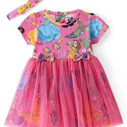 Babyhug Disney Cotton Knit Half Sleeves Mesh Overlay Princess Printed Frock With Bow & Headband - Pink-image-12