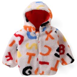 Babyhug Fur Woven Full Sleeves Hooded Winter Jacket With Alphabets Design - White-image-40