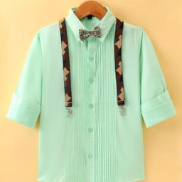 Robo Fry Cotton Woven Full Sleeves Solid Colour Party Shirt with Bow & Suspender - Green-image-56