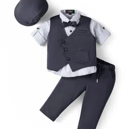 Robo Fry Lycra Knit Full Sleeves Striped 3 Piece Party Suit With Bow & Hat - Charcoal Grey-picture-1