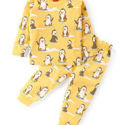 Babyhug Cotton Knit Full Sleeves Night Suit with Penguin Print - Yellow-image-92