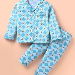 Cucumber Sinker Knit Full Sleeves Front Open Night Suit With Checks & Stars Print - Light Blue-image-33