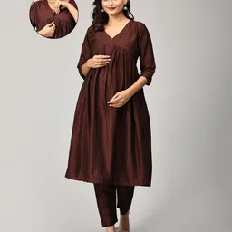 The Mom Store Silk Three Fourth Sleeves Solid Maternity Kurta With Nursing Access & Salwar Set - Brown-picture-29