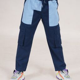 Kiddopanti Cotton Full Length Contrast Patch Pocket Cargo Pant With Elasticated Drawstring - Navy & Light Blue-image-64
