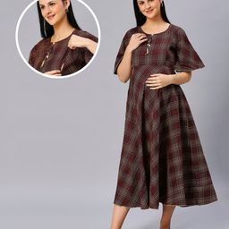 Dummy Shape Half Sleeves Abstract Printed Maternity Flare Kurta With Concealed Zipper Nursing Access - Brown-image-5