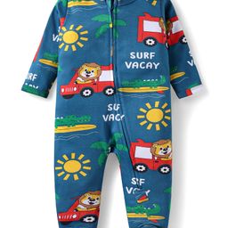 Babyhug Cotton Knit Full Sleeves Sleepsuit with Lion & Car Print - Blue-image-94