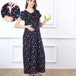 Bella Mama Cotton Knit Half Sleeves Concealed Zipper Strawberry Print Nighty - Navy Blue-picture-19