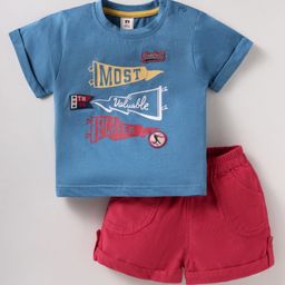 ToffyHouse Interlock Knit Half Sleeves T-Shirt & Shorts Set With Text Print & Patch Detailing - Blue & Red-image-11