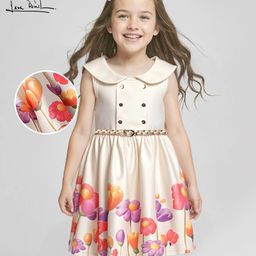 Arias Satin Lycra Woven Sleeveless Frock With Floral Print & Braided Belt - Beige-picture-2