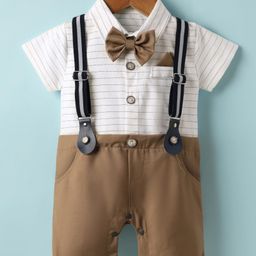 Mark & Mia Woven Half Sleeves Striped Party Romper With Bow & Suspender - White-image-97