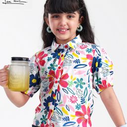 Arias Cotton Woven Half Balloon Sleeves Top with Floral Print - White-image-75