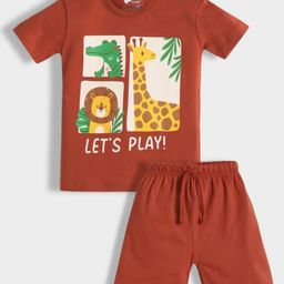 Orange Sugar 100% Cotton Knit Half Sleeves Animals Printed Night Suit Set - Dark Orange-image-59