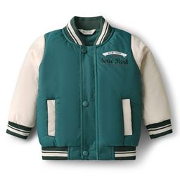 Bonfino Woven Full Sleeves Padded Bomber Jackets With Cut & Sew Design & Text Print - Teal Blue & White-image-66